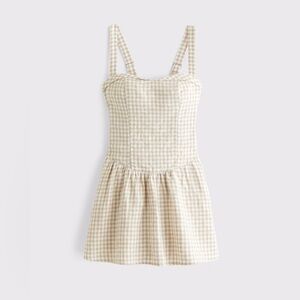 Abercrombie Premium Linen Drop-Waist Skort in Tan Gingham